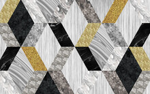 3d Mural Simple Modern Wallpaper. Golden, Gray, Black And White Rectangles Shapes In White Background	