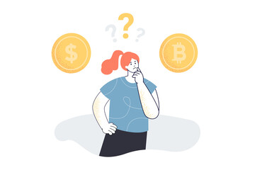 Wall Mural - Woman thinking about investing in bitcoin or dollar. Tiny girl with coins and question marks over head flat vector illustration. Investment concept for banner, website design or landing web page