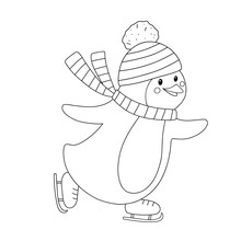 Outline Penguin In Hat And Scarf Skates On Ice. Cute Line Penguin Skater Isolated On White Background. Childish Vector Character Isolated On White