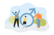 Old, young men and boy standing near masculine sign. Generations of tiny happy male characters flat vector illustration. Masculinity, growth concept for banner, website design or landing web page