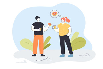 Wall Mural - Man giving donut to woman thinking about dessert. Happy characters drinking hot takeaway coffee together flat vector illustration. Love, food concept for banner, website design or landing web page