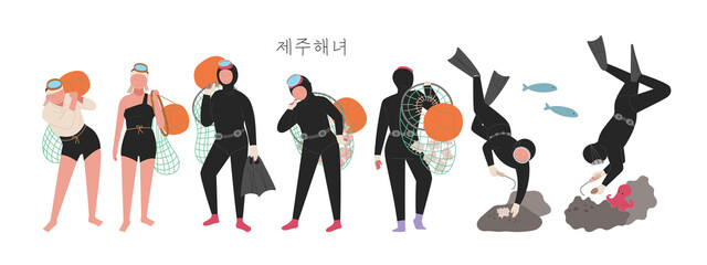Wall Mural - a character of jeju-do haenyeo. a haenyeo in a rubber suit is standing holding a net. she is a haeny