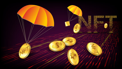 Wall Mural - Futuristic free distribution of collectible NFT non fungible token with receding perspective on the red digital road and golden coins of Bitcoin, NFT and Dollars with parachutes.