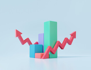 Poster - 3d Arrow graph icon minimal style on sky blue background. data analysis Optimization growth statistics financial grow stock market To invest business development concept. 3D render illustration