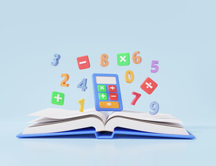 Open book mathematic learning education concept. Calculator and basic math operation symbols math, plus, minus, multiplication, number divide. minimal cartoon. 3d rendering illustration