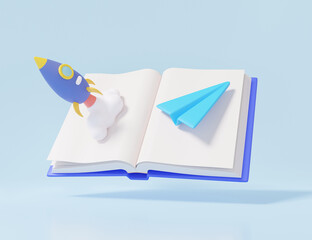 Poster - Innovation education on sky blue background. business investment start-up concept. open book spaceship rocket spewing smoke and paper airplane. cartoon minimal. 3d render illustration