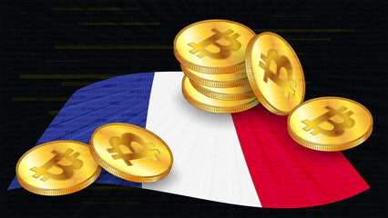 Wall Mural - Stacks of gold coins of Bitcoin BTC on colored flag of France on dark digital background. Central Bank of France adopts laws on digital assets CBDC.