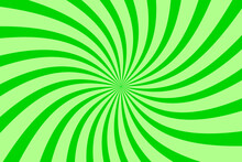 Vector Green Background With Spiral Green And Light Green Rays In Retro Pop Art Style. Abstract Rays Background In Retro Vintage Style. Swirling Retro Green Spiral Flat Design Vector Background