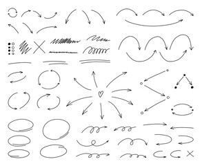 hand drawn thin line arrows and highlight design elements. vector line doodles isolated on white bac