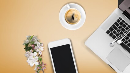 Canvas Print - A smartphone with white screen mockup for workplace. Office accessories on table.