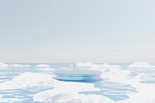 3D Rendering, Platform And Natural Podium Floating On The Lake With Ice Snow, Sky And Cloud. Backdrop For Product Display And Showcase,  Landscape Scene Background