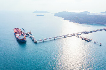 Poster - Aerial view of Modern sea harbor with transhipment equipment for oil tankers. Deck of crude oil tanker with cargo pipeline. Oil tanker ship to Port of Europe - import export