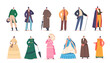 Set of 19th Century European Ladies and Gentlemen Wear Elegant Gowns, Costumes and Accessories. Victorian Characters