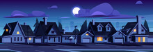 Suburb Houses, Night Suburban Street With Residential Cottages And City Skyline, Countryside Two Storey Buildings With Garages. Home Facades, Moon And Stars In Dark Sky. Cartoon Vector Illustration