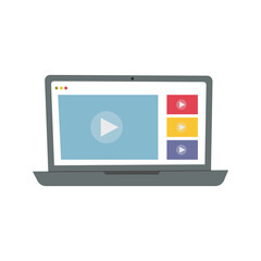 Poster - Laptop with play button on screen. Video player window live streaming. Video streaming service. Vector illustration.