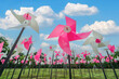 © somchairakin - Pink and White plastic windmills toy on green grass and blue sky background. Small plastic colorful turbine and white cloud, pin wheel in nature