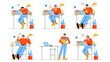 © klyaksun - Man work with laptop in office. Concept of job, procrastination, deadline, dismissal. Vector flat illustration of workplace with employee character busy, eating, sleeping and fired