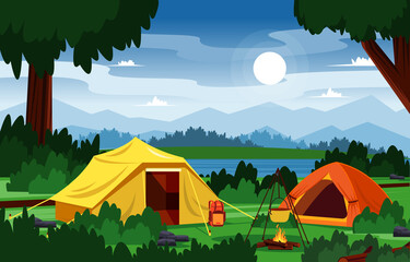 summer camp tent outdoor lake nature adventure holiday