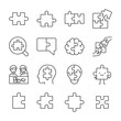 Puzzles icons set. Puzzle pieces, parts, linear icon collection. Line with editable stroke