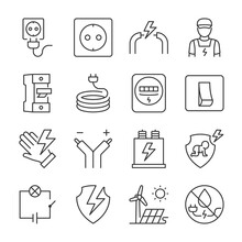 Electricity Icons Set. Electrician, Installation, Maintenance And Repair Of Systems, Circuit, Equipment, Linear Icon Collection. Line With Editable Stroke