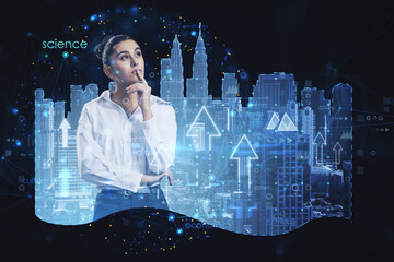 Aufkleber - Attractive thoughtful young european female with abstract city hologram, arrows and business chart. Smart city and future concept. Double exposure.