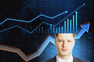 Poster - Attractive young business man with half business chart head thinking about profit and money income on blue background with growing arrow. Business strategy and growth concept.