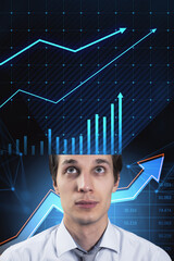 Poster - Attractive young businessperson with half business chart head thinking about profit and money income on blue background with growing arrow. Business strategy and growth concept.