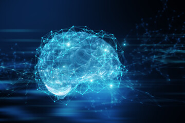 Poster - Abstract blue polygonal brain hologram on blurry background. AI and machine learnign concept. 3D Rendering.