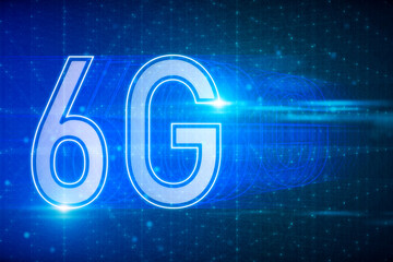 Poster - Creative glowing 6G hologram on blurry backdrop. Internet speed, future and communication concept, 3D Rendering.