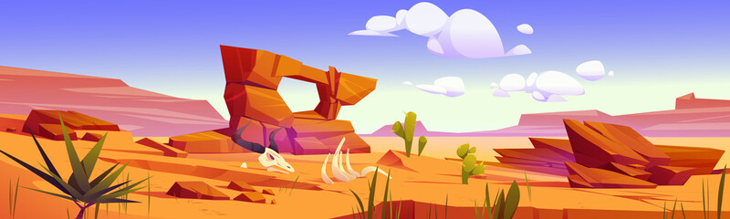 Arizona desert landscape, wild west background with golden sand dunes and stones under blue sky. Dry deserted nature with animal skeleton on yellow sandy surface and cacti, Cartoon vector illustration