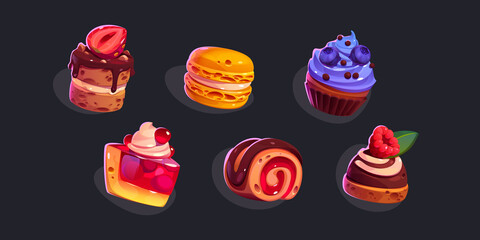 Poster - Game icons cakes, sweets and desserts. Cartoon 2d ui graphic elements, pastry, cupcakes, macaroons, roll with topping, chocloate, berries and fruits isolated vector set