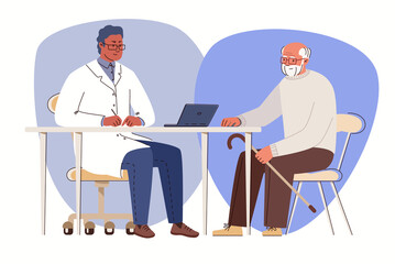 Wall Mural - Reception of geriatric doctor, therapist, narrow specialist. Elderly man sought medical help. Physician consults patient, diagnoses, prescribes treatment. Vector characters flat cartoon illustration.