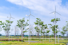Small Wind Turbine Renewable Green Energy Source For Future. Green Renewable Alternative Energy Concept - Wind Generator Turbines Generating Electricity.