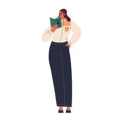 Poster - Student studying, learning with academic book in hand, preparing for university exam. Woman reader standing, reading. Teacher with textbook. Flat vector illustration isolated on white background