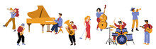 Jazz Band Vibe, Artists Performing Music On Stage. Men And Woman Playing On Instruments Drum, Saxophone, Trumpet And Double Bass. Musical Concert, Performance, Show, Line Art Flat Vector Illustration