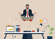 Businessman doing yoga to calm down the stressful emotion from hard work in office over desk. Concept of meditation. Modern vector illustration.