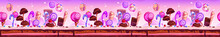 Candy Planet Cartoon Game Platform, Seamless Background. Arcade Ui Location With Sweets, Desserts, Chocolate And Lollipops. Horizontal Landscape For Computer Game, Fairy Tale Scene Vector Illustration