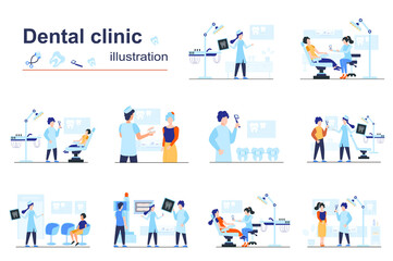 Wall Mural - Dental clinic concept scenes seo with tiny people in flat design. Men and women visiting dentist office for tooth treatment, hygiene procedure. Vector illustration visual stories collection for web