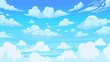 Cloudy sky background. Cartoon atmospheric anime scenery with white clouds and sunny blue summer sky. Vector sunny weather landscape illustration
