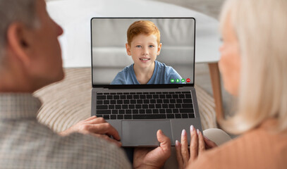 Poster - Video Call. Grandparents Making Web Conference With Grandson On Laptop At Home