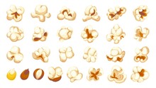 Cartoon Popcorn Shapes. Film And TV Snacks Of Popping Corn, Cinema Fun Food Of Various Shapes. Vector Isolated Set
