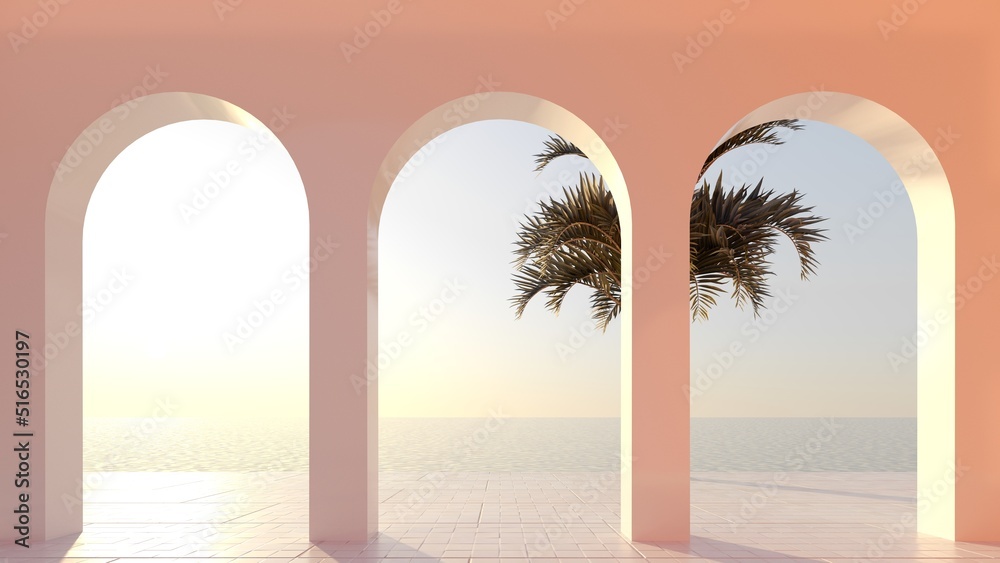 Overlooking Design Backdrop Abstract architectural design on the backdrop of the ocean with sunset ...