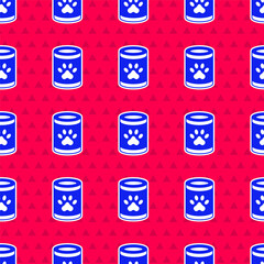 Wall Mural - Blue Canned food icon isolated seamless pattern on red background. Food for animals. Pet food can. Vector