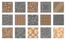 Floor stone pattern. Pavement tile of stone, bricks and concrete, road sidewalk and garden patio ground, outdoor paving plan. Vector path tile top view