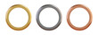 Set of gold, cilver and copper metal grommet rings for paper, card, tag, sticker or hanger isolated on white background