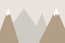 Vector Hand Drawn Modern Childrens Wallpaper. Simple Snow-capped Mountains. Minimalistic Design. Scandinavian Style. To Decorate A Child's Room.