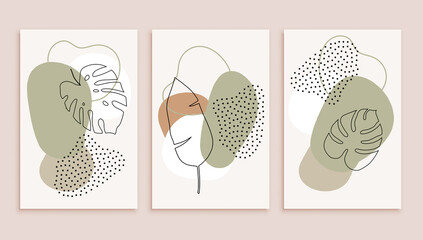 Tropical leaves poster set. Modern design. For wall decor.