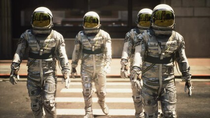 Wall Mural - a team of astronauts are walking around the city in between flights on their spaceship. astronauts o