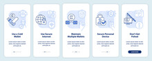 Crypto Wallet Security Light Blue Onboarding Mobile App Screen. Walkthrough 5 Steps Editable Graphic Instructions With Linear Concepts. UI, UX, GUI Template. Myriad Pro-Bold, Regular Fonts Used
