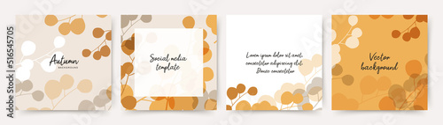 Fototapete Autumn beige orange square backgrounds with simple leaves. Frame with floral elements. Vector template for card, banner, invitation, social media post, poster, mobile apps, web ads